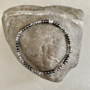 Bracelet hématite rond 4 mm, cristal de verre argenté